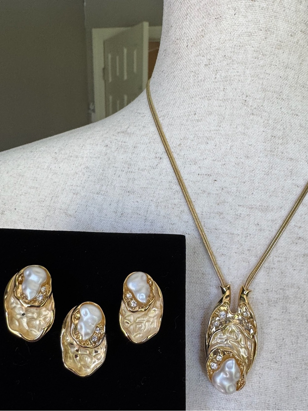 Custom made Vintage Gold Pearl Statement Necklace and Earrings Set